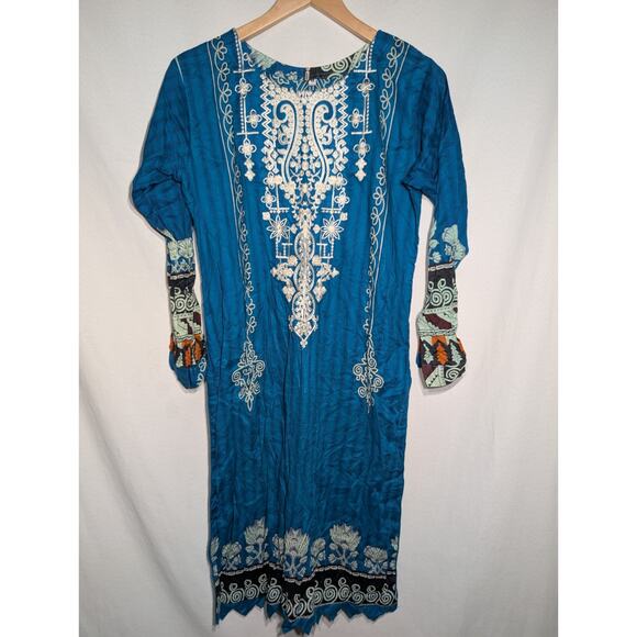 Middle Eastern Womens Patiyala Kaftan Dress Sz M Turquoise Embroidered Indian - Picture 1 of 7